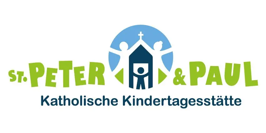 Schriftzug St. Peter & Paul Katholische Kindertagesstätte ergänzt durch Symbole (zwei Kinder, die sich abklatschen mit Kreuzsymbol, und ein Kind im Haus)