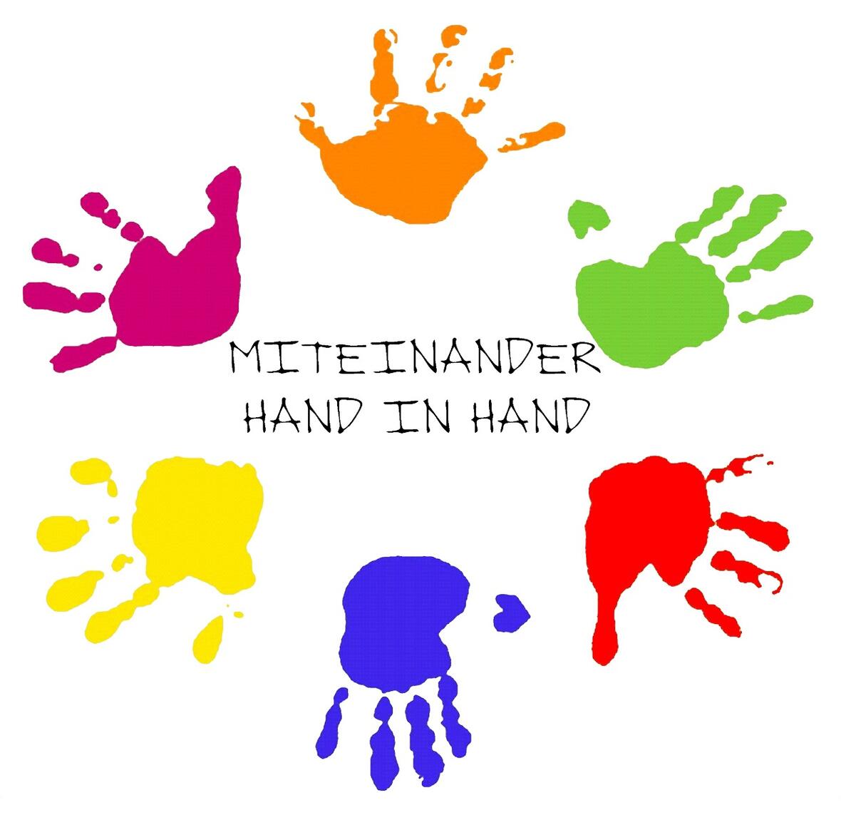 Logo Kita St. Michael Unterelchingen Sechs bunte Handabdrücke und in der Mitte "Miteinander Hand in Hand" = Logo Kita St. Michael Unterelchingen