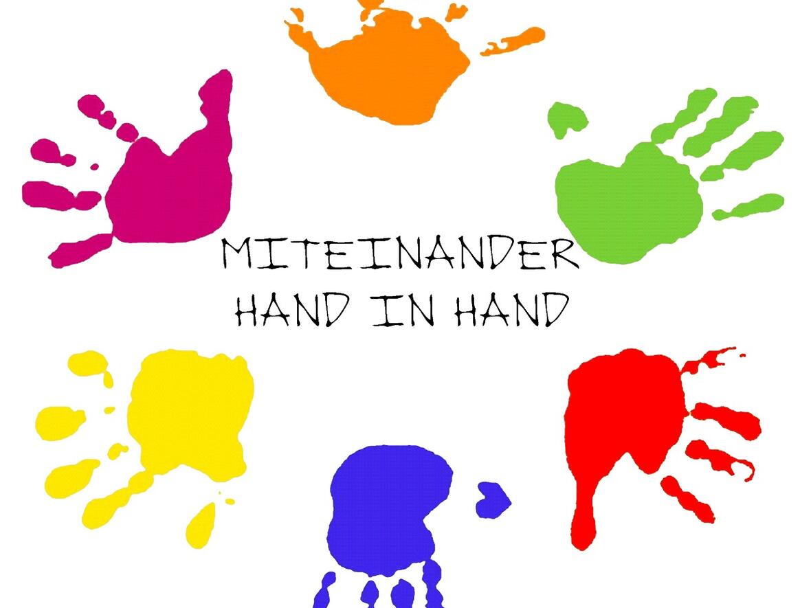 Logo Kita St. Michael Unterelchingen Sechs bunte Handabdrücke und in der Mitte "Miteinander Hand in Hand" = Logo Kita St. Michael Unterelchingen