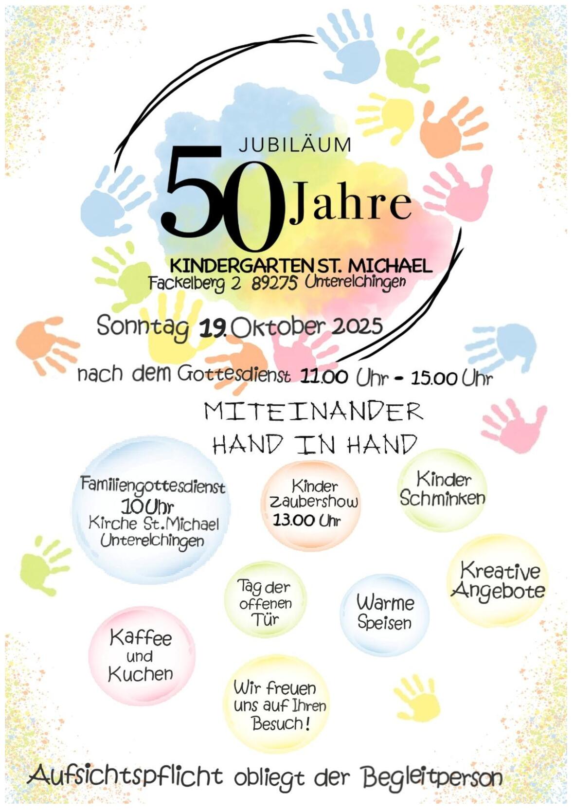 Plakat Jubiläum 50 Jahre Kindergarten St. Michael Unterelchingen viele bunte Hände, Text über Inhalt
