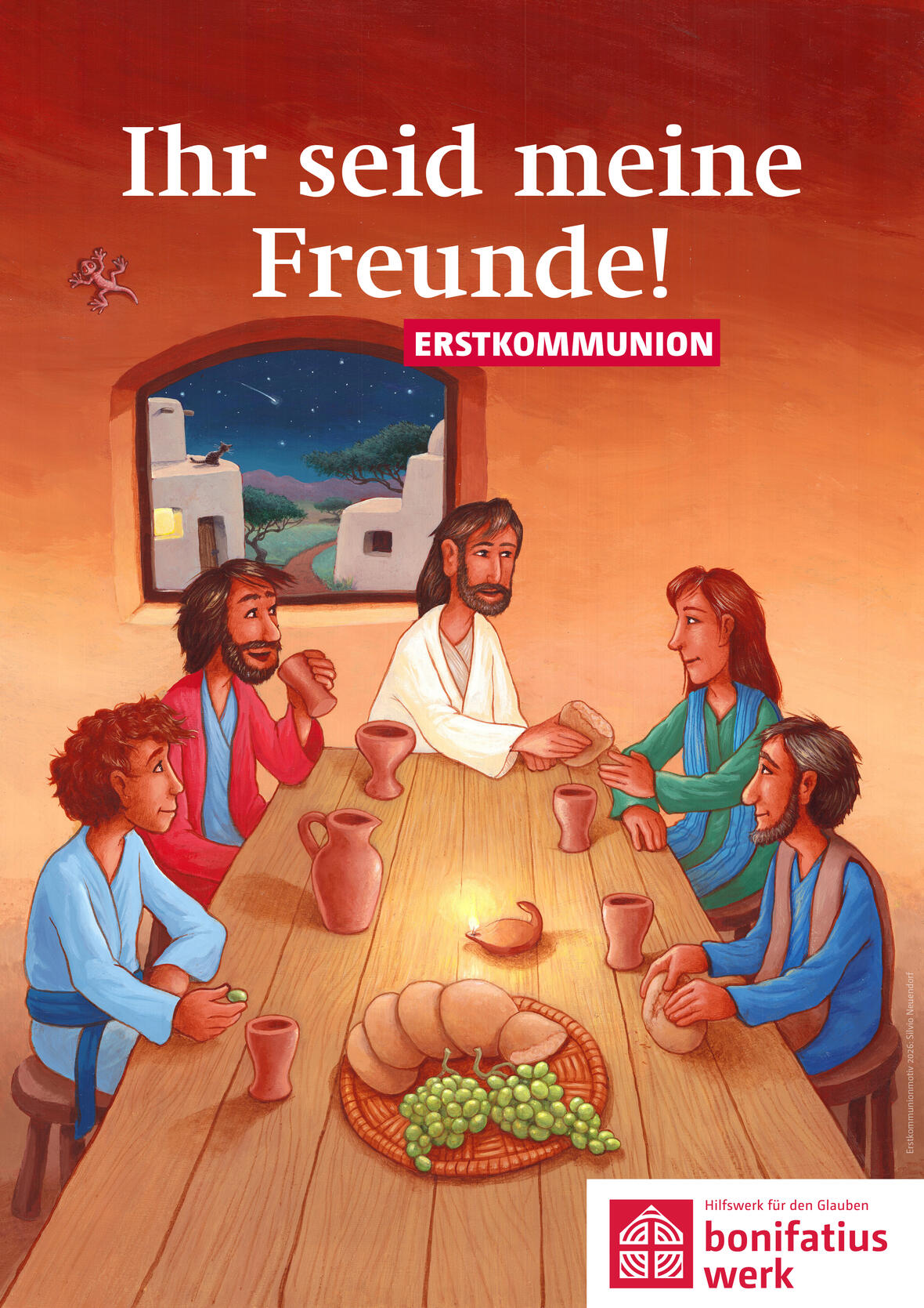 Erstkommunion Motivplakat 2026 Jesus sitzt mit Jüngern am Tisch und teilt Brot, gemütliche Abendstimmung bei der Erstkommunion.