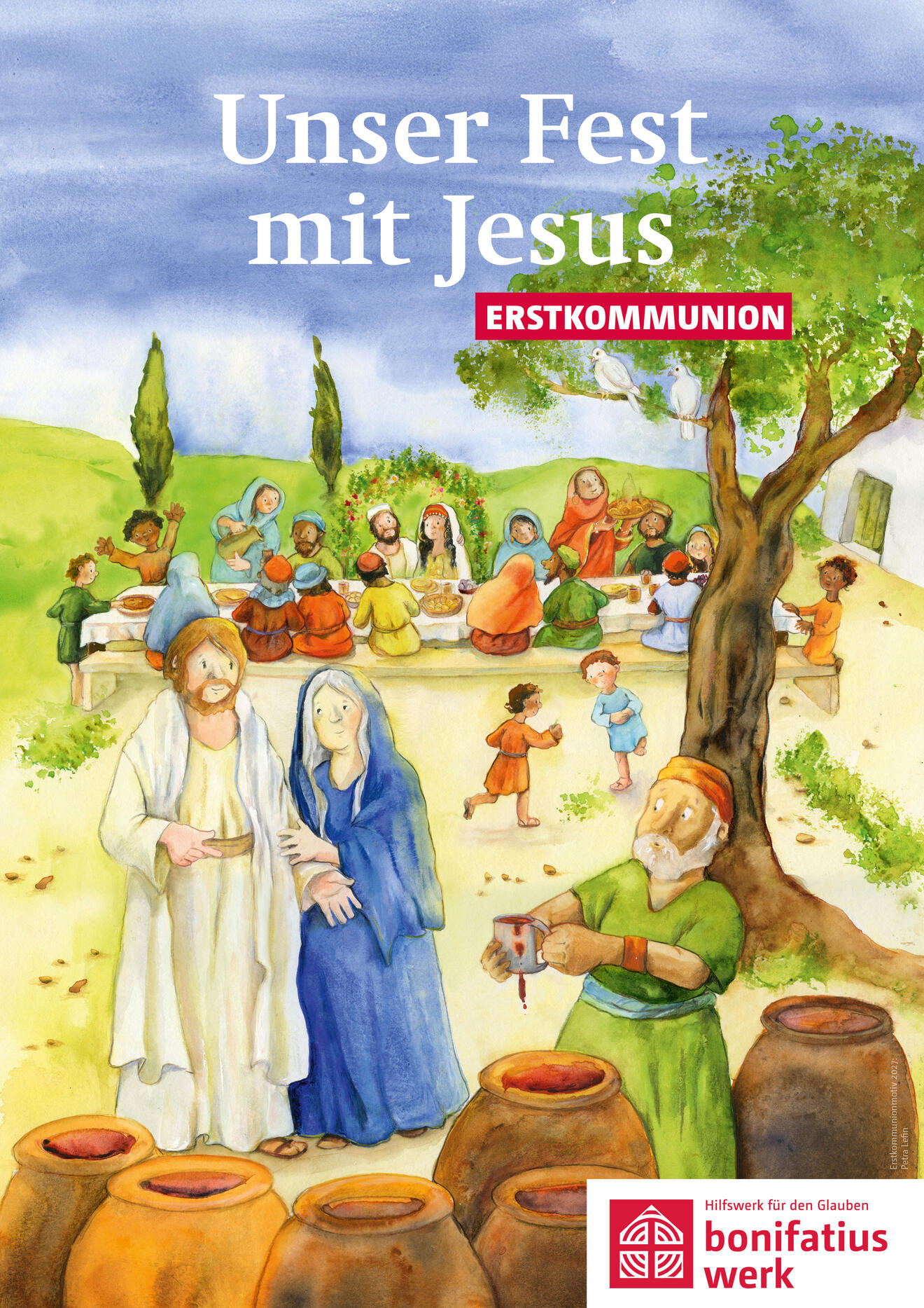 Jesus sitzt mit Jüngern am Tisch und teilt Brot, gemütliche Abendstimmung bei der Erstkommunion.