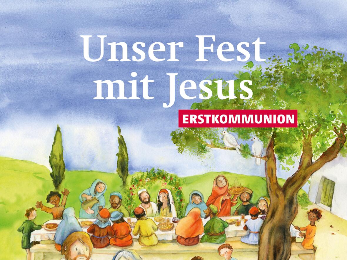 Jesus sitzt mit Jüngern am Tisch und teilt Brot, gemütliche Abendstimmung bei der Erstkommunion.