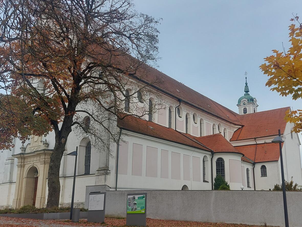 Klosterkirche St. Peter und Paul in Oberelchingen mit herbstlichen Bäumen im Vordergrund.