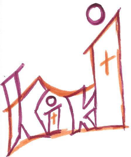 Stilisierte Zeichnung von Kirchengebäuden mit Kreuzen und einer Figur in der Mitte.