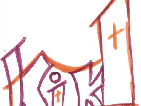 Stilisierte Zeichnung von Kirchengebäuden mit Kreuzen und einer Figur in der Mitte.