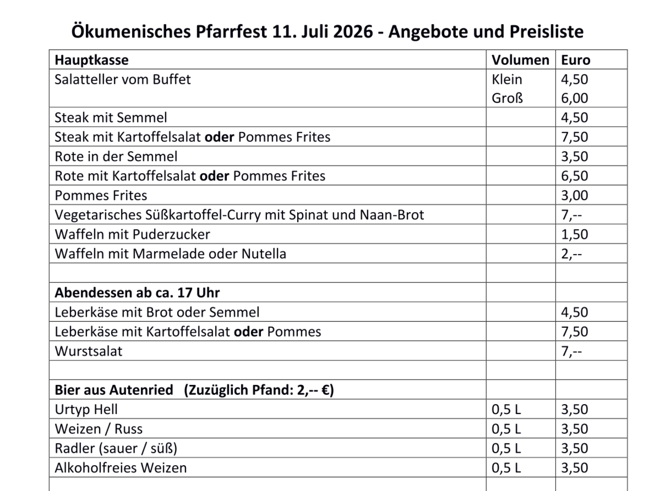 Preisliste ökum. Pfarrfest 2026